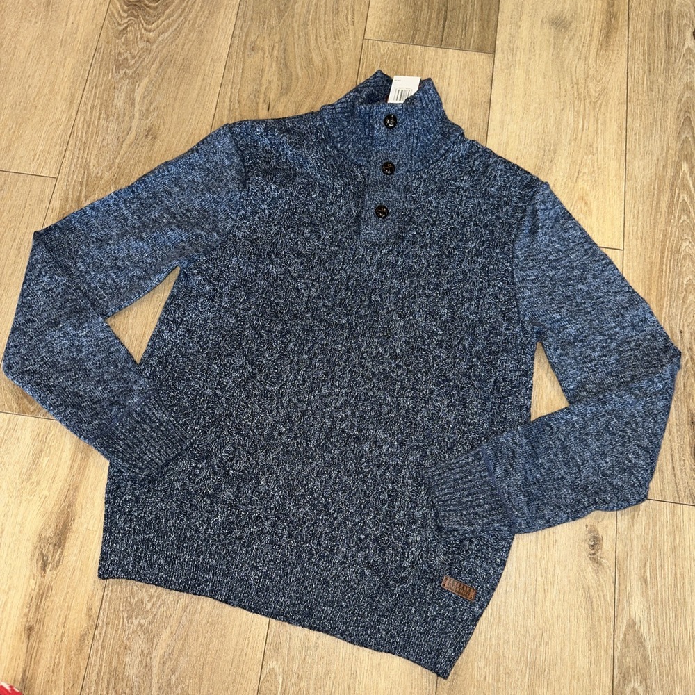 Buffalo David Bitton 3 Button Mock Neck Cable Knit Sweater Blue Men's Small‎ NEW